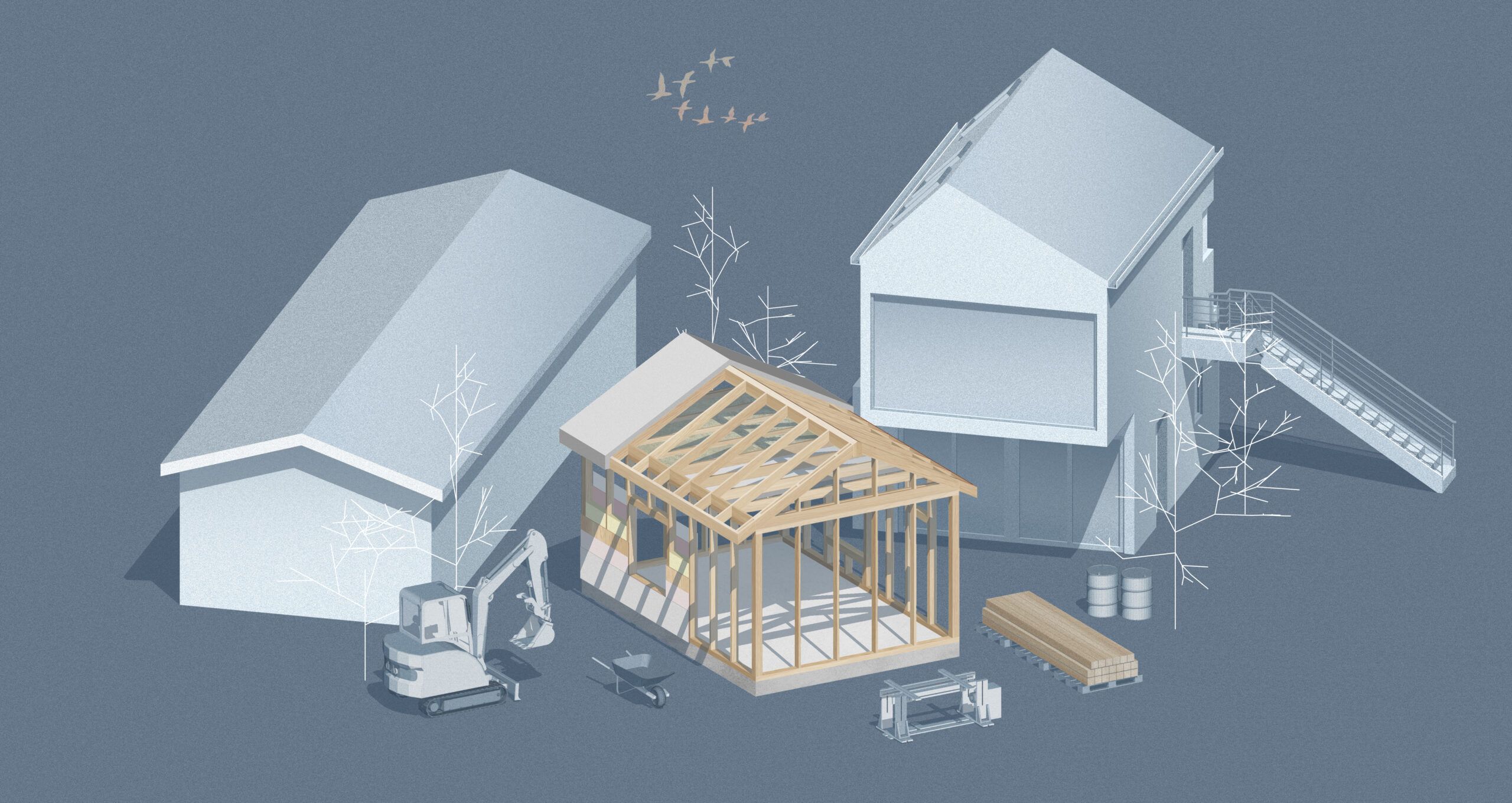 Diagram of a Type 5B wood-framed home addition with neighboring houses.